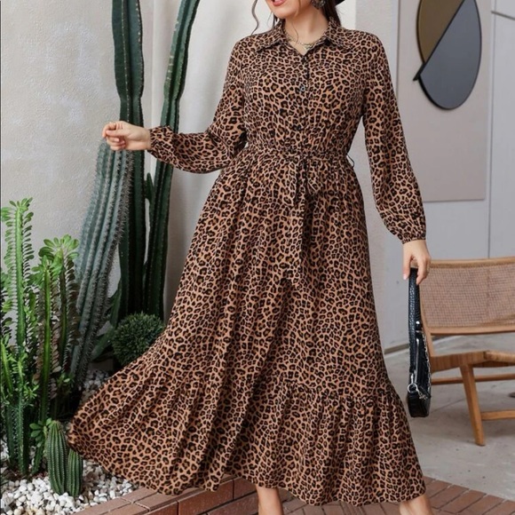 Boho Plus Size Leopard Animal Print Button Download Shirt belted Maxi Dress - Picture 4 of 10